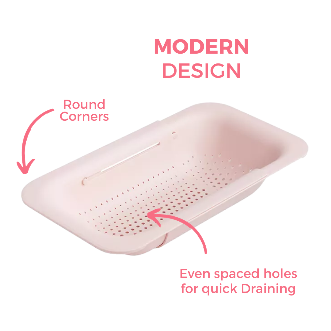 over the sink colander modern design with round corners and even spaced holes for quick draining