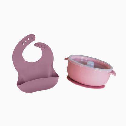 Baby Feeding Set | Silicone Bib & Bowl with Lid