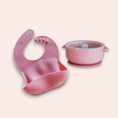 Baby Feeding Set | Silicone Bib & Bowl with Lid